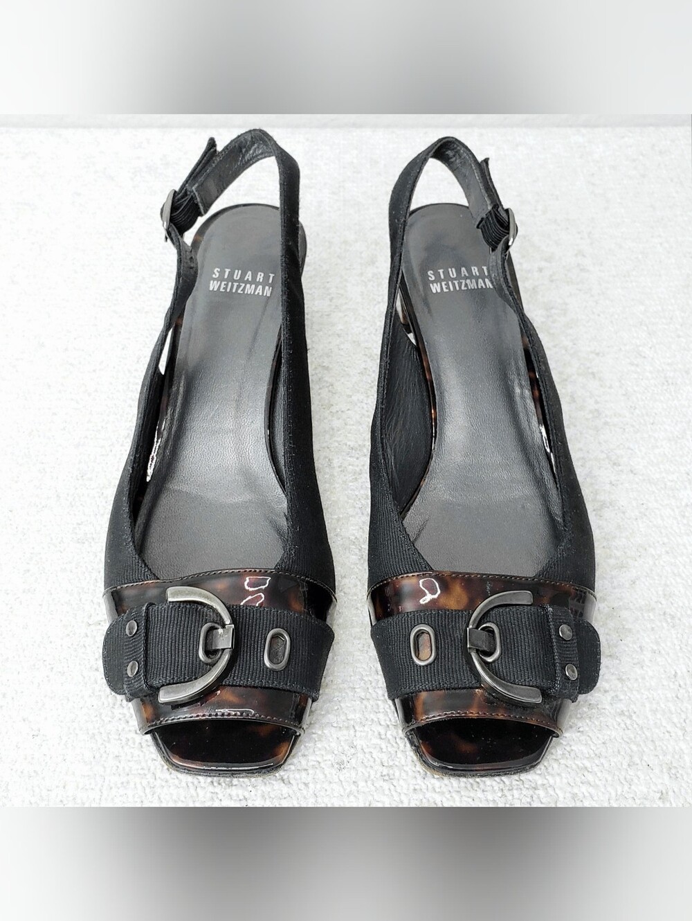 Stuart Weitzman Slingback Peep-Toe Pumps US 7 Brown Tortoiseshell Patent Leather